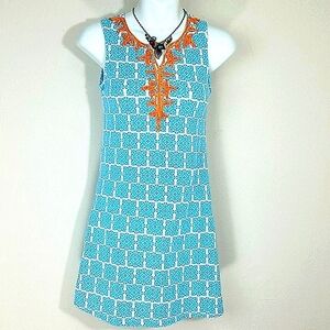 Counting Daisies Girls Sundress Blue Geometric Print Orange Embroidered Mini 12